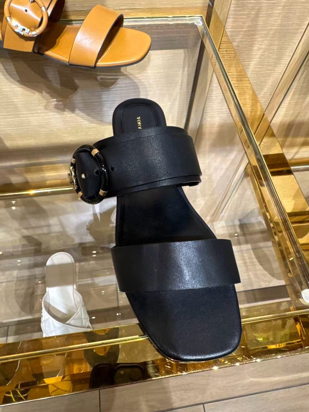 Tory Burch multi logo flat Black Leather Slide Sandals with Gold-Tone Buckle - Picture 3 of 3